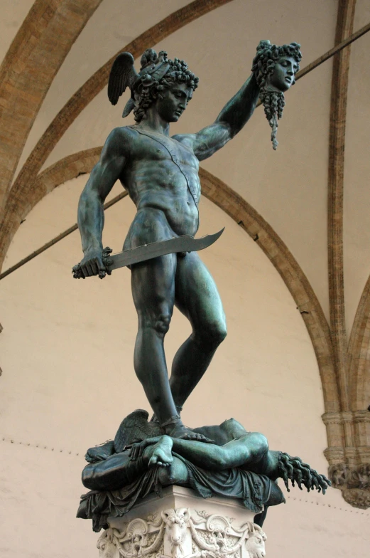 a statue of a man holding a sword, a statue, by Michelangelo, fierce medusa, bargello, very very very epic, coy