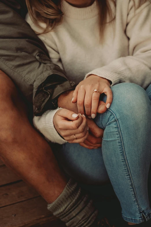 a man and a woman sitting next to each other, trending on pexels, her tiny hands are on her thighs, embrace, wearing casual clothing, 15081959 21121991 01012000 4k