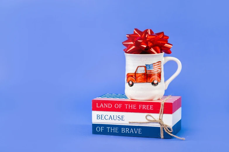 a coffee cup sitting on top of a stack of books, american scene painting, blue and red two - tone, gifts, brave, ribbon