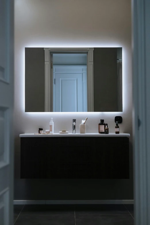 a bathroom with a sink and a large mirror, inspired by Telemaco Signorini, 4 k luminous lighting, profile image, night fill lighting, panels