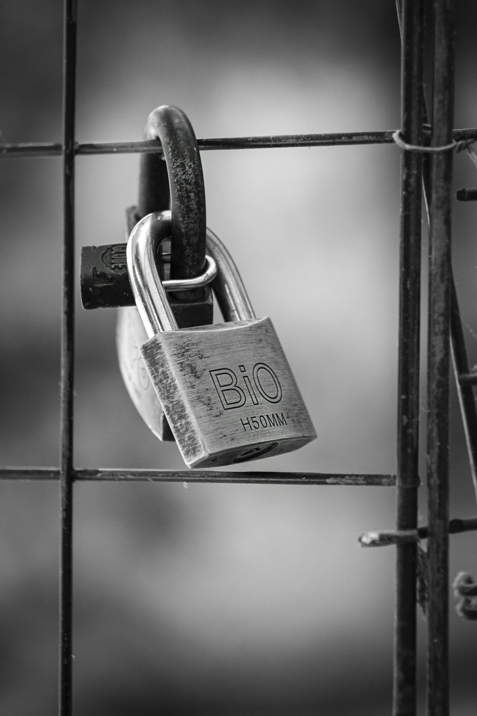 a close up of a padlock on a fence, a black and white photo, pixabay, bio-chemical, profile picture 1024px, lockers, biotech