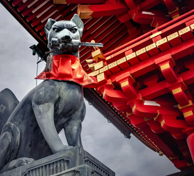 a statue of a cat on top of a building, a statue, inspired by Torii Kiyomasu, pexels contest winner, sōsaku hanga, subject: dog, red trusses, gate, grey