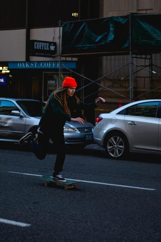 a person riding a skateboard on a city street, kailee mandel, cars and people, square, streetscapes