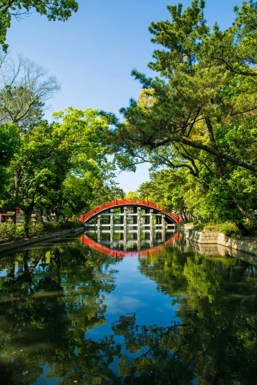 a bridge over a body of water surrounded by trees, inspired by Tsuchida Bakusen, an archway, beijing, green waters, reflecting pool