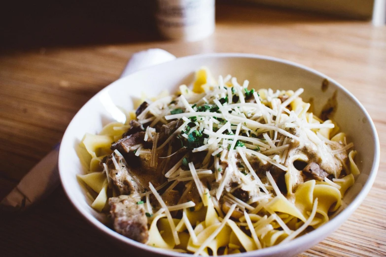 a bowl of pasta with meat and cheese, unsplash, renaissance, fan favorite, brown, restaurant menu photo, milk