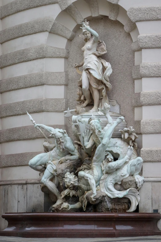 a statue on a pedestal in front of a building, inspired by Judy Takács, rococo, splashing, heroic scene, vienna, very wow