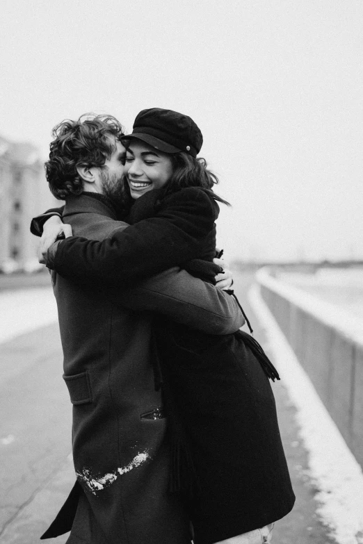 a black and white photo of two people hugging, winter, thomas danthony and malika favre, high quality upload, ship