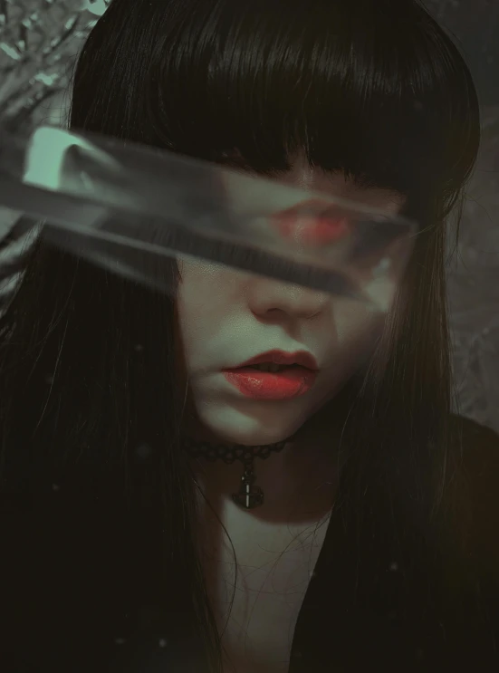 a woman holding a knife in front of her face, inspired by Elsa Bleda, pexels contest winner, gothic art, artwork in the style of guweiz, straight fringe, 🤤 girl portrait, glass face