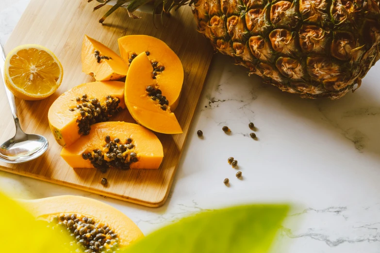 a pineapple sitting on top of a cutting board, by Julia Pishtar, trending on pexels, renaissance, with fruit trees, passion fruits, orange and teal, seeds