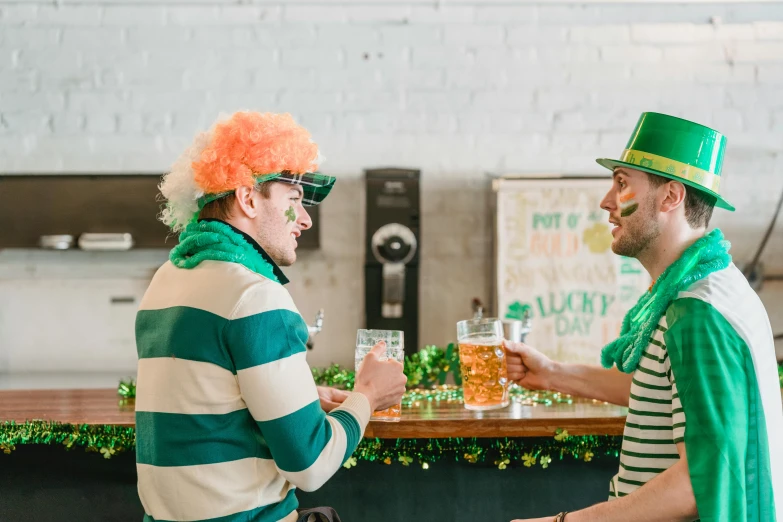 two men dressed up for st patrick's day drinking beer, pexels contest winner, striped, 🚿🗝📝, profile image, decoration