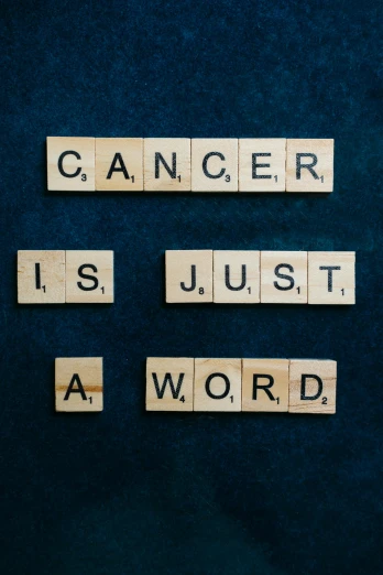 wooden scrabbles spelling cancer is just a word, by Caro Niederer, pixabay, graffiti, 15081959 21121991 01012000 4k, instagram post, navy, mri