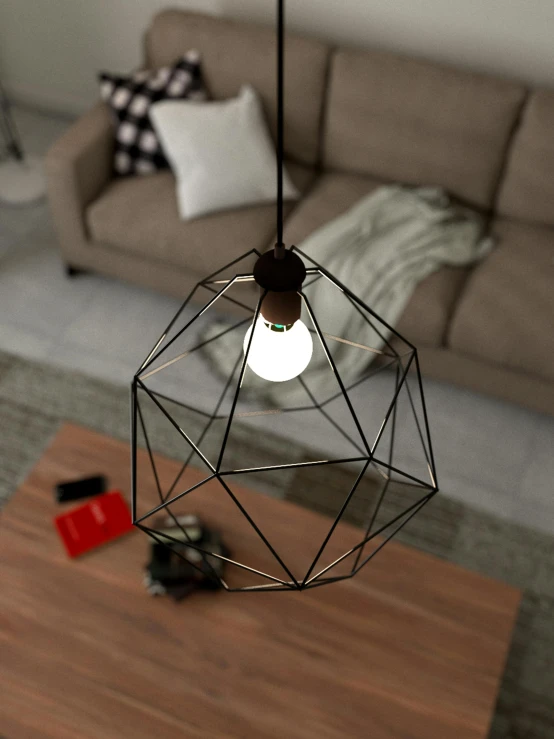 a living room with a couch and a table, a 3D render, inspired by Dom Qwek, behance contest winner, photorealism, lamp, polyhedron, industrial lighting, ilustration