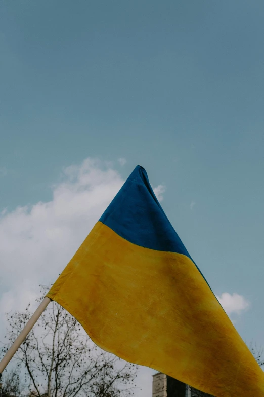 a person holding a yellow and blue flag, by Attila Meszlenyi, unsplash, square, ukrainian, looking upward, banner