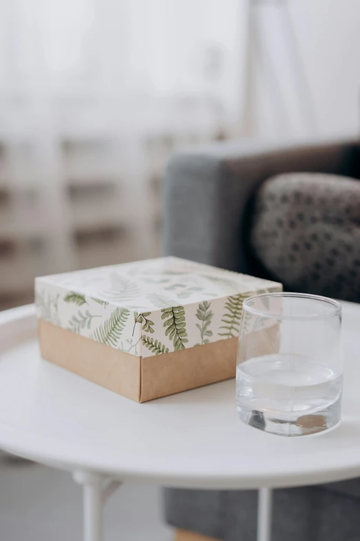 a glass of water sitting on top of a table, inspired by Eden Box, botanical herbarium paper, white box, fern, product image