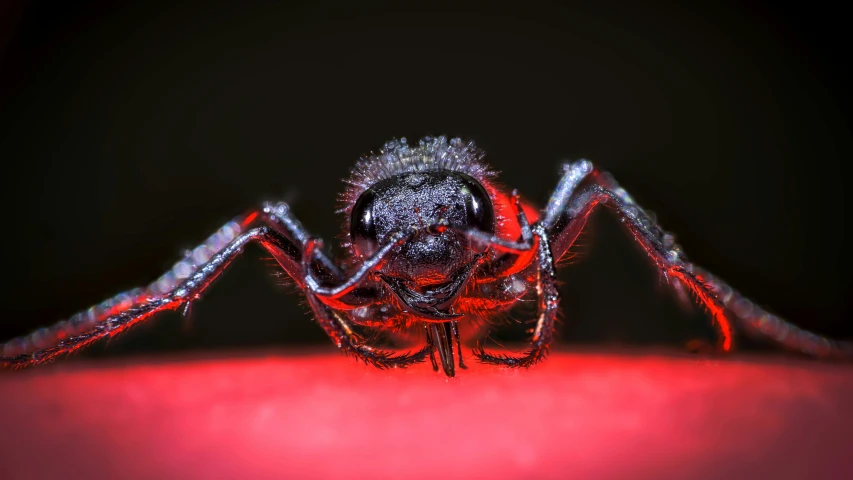 a close up of a spider on a person's finger, a macro photograph, by Adam Marczyński, pexels contest winner, black on red, ant alien, frontal pose, looking frontal view