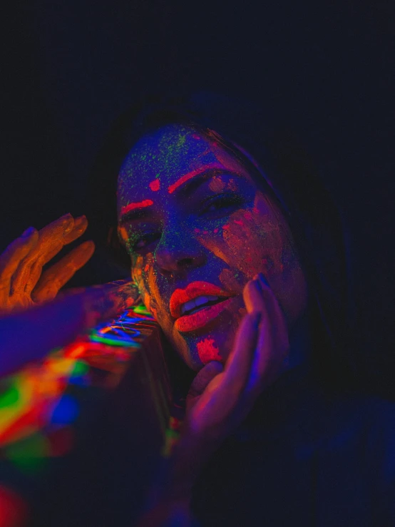 a woman with black light on her face, a picture, inspired by Elsa Bleda, trending on pexels, holography, colorful]”, colorful ink, colorful photograph, ( colorful )