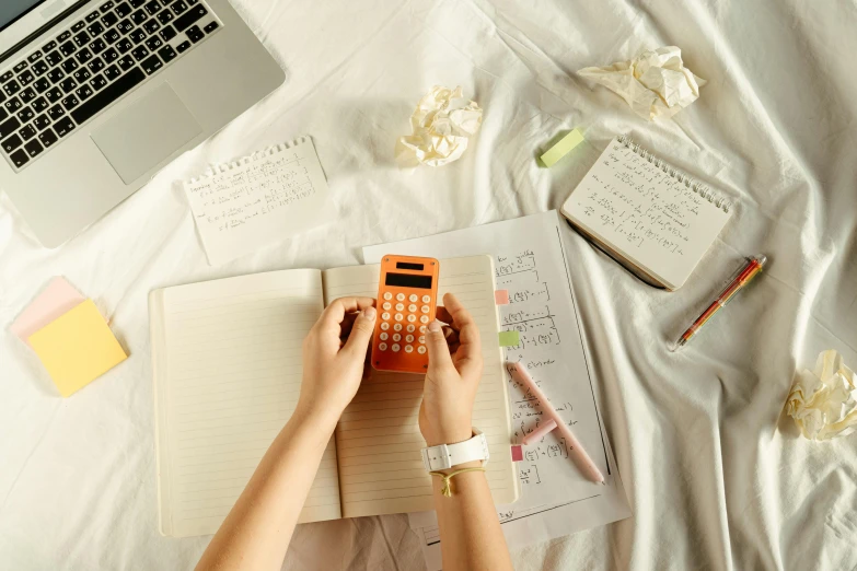 a person sitting on a bed using a calculator, by Julia Pishtar, trending on pexels, analytical art, flatlay, notebook, 9 9 designs, 15081959 21121991 01012000 4k