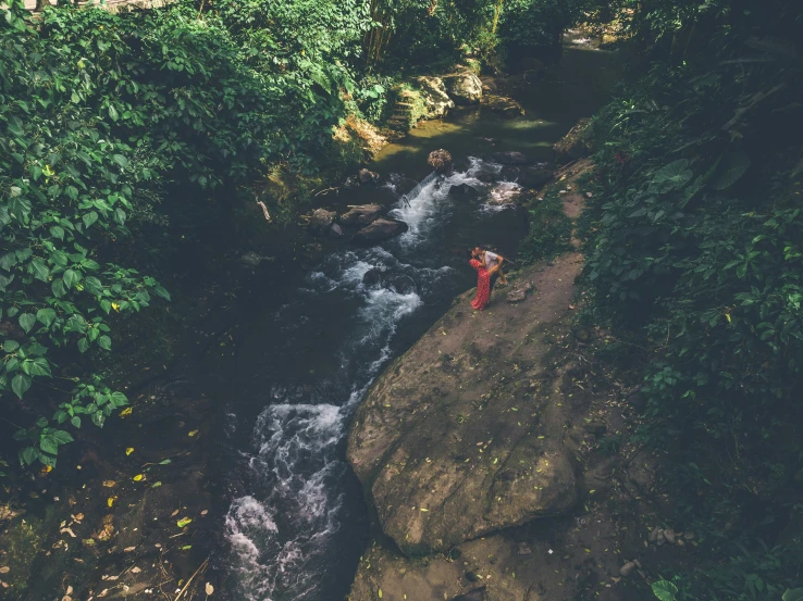 a stream running through a lush green forest, an album cover, pexels contest winner, sumatraism, girl walking on cliff, high angle shot, thumbnail, red water