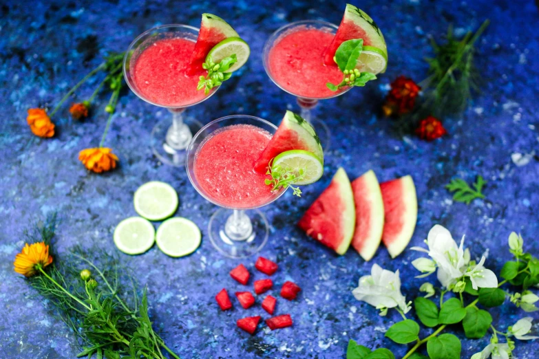 three glasses filled with watermelon and lime garnish, by Julia Pishtar, renaissance, vibrant greenery, angelina stroganova, featured, recipe