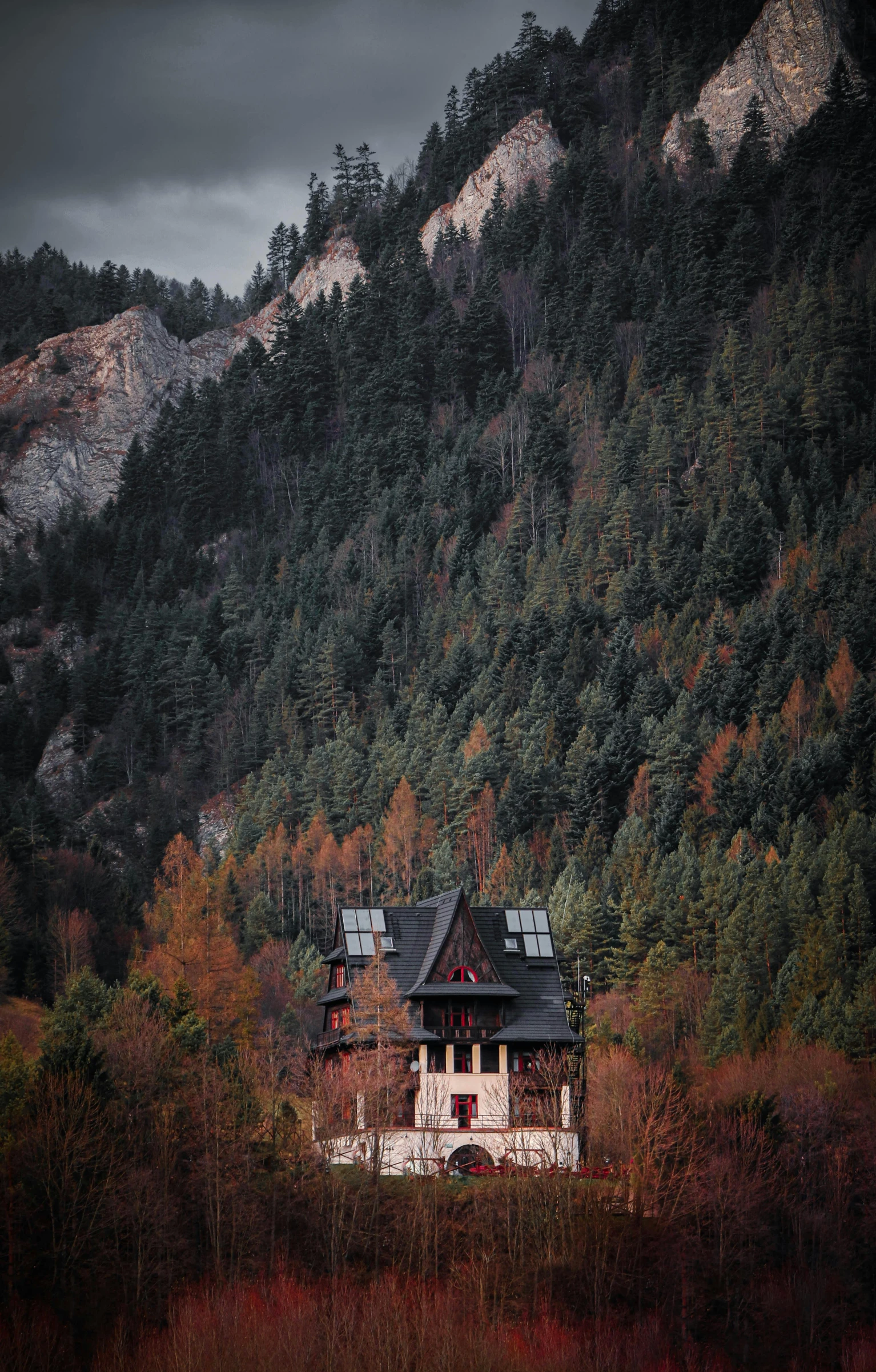 a house sitting on top of a lush green hillside, a photo, by Sebastian Spreng, unsplash contest winner, art nouveau, spooky autumnal colours, alpine architecture, a temple, winter