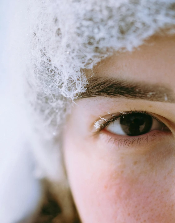 a close up of a person wearing a hat, icy eyes, one eyebrow, winter photograph, frosted