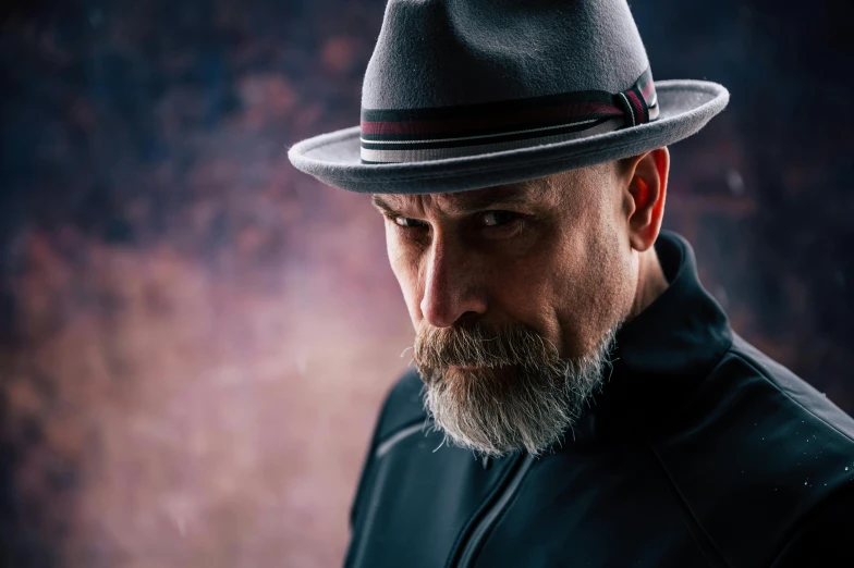 a man with a beard wearing a hat, pexels contest winner, digital art, tim booth, serious focussed look, greybeard, dramatic serious pose