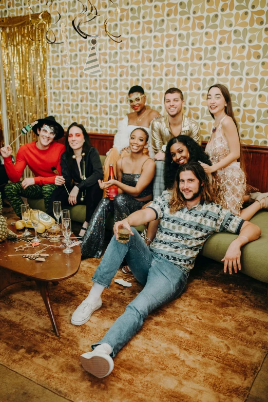 a group of people sitting on top of a couch, by Jessie Alexandra Dick, trending on pexels, renaissance, new years eve, confident looking, mixed styles, on a table