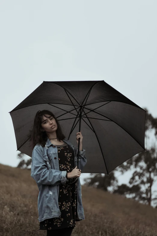 a woman standing in a field holding an umbrella, goth aesthetic, gray skin. grunge, instagram post, profile image