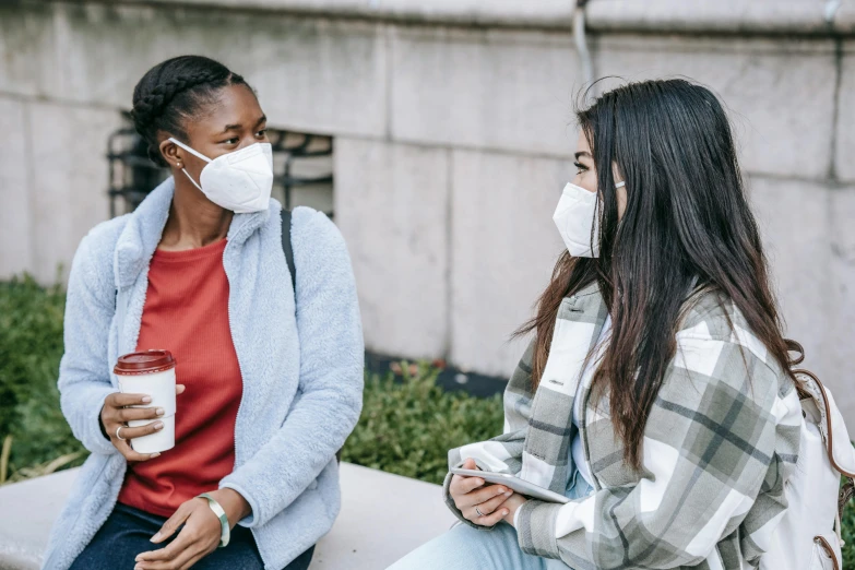 two women sitting on a bench wearing face masks, trending on pexels, dark people discussing, nebulizer equipment, background image, college students