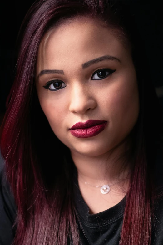 a close up of a woman with red hair, dark red lips, mixed race woman, professional portrait photograph, 2019 trending photo