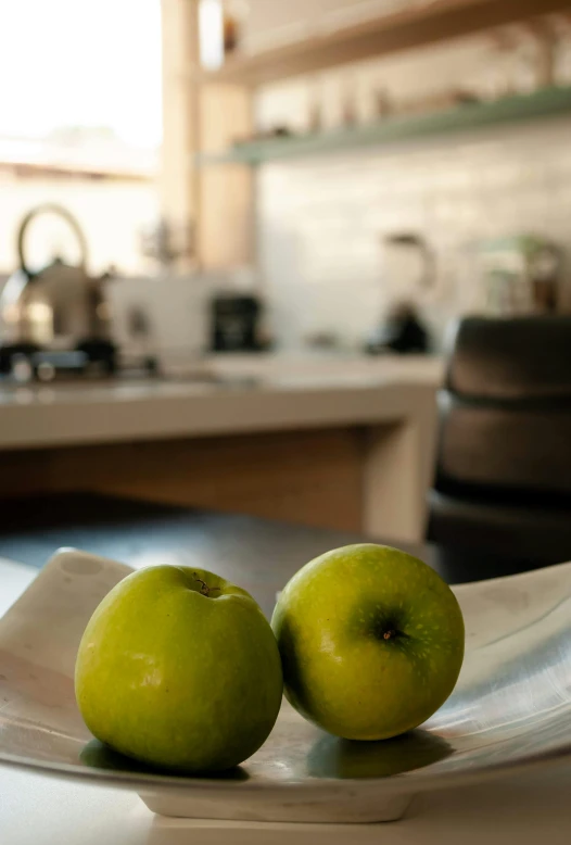 two green apples sitting on top of a white plate, kitchen counter, oceanside, cupertino, indoor picture