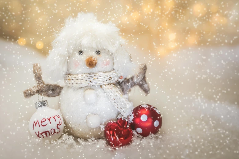 a snowman sitting on top of a snow covered ground, a picture, by Elaine Hamilton, shutterstock contest winner, decorated ornaments, soft bokeh, avatar image, bubbly