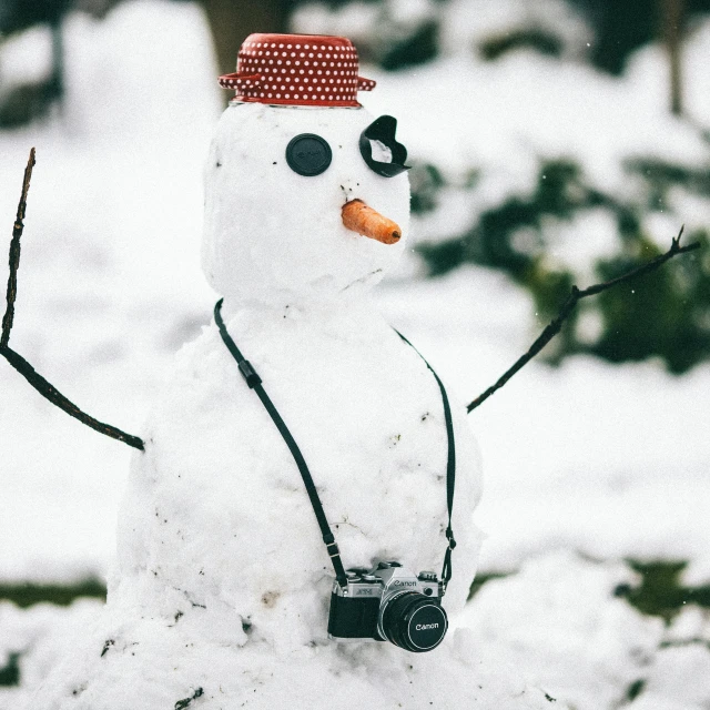a snowman with a camera attached to it, pexels contest winner, casually dressed, gpus go brrr, 3 5 mm camera, instagram post