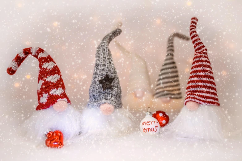 a group of gnomes sitting on top of a snow covered ground, by Elaine Hamilton, pexels contest winner, knitted mesh material, christmas lights, silver red white details, avatar image