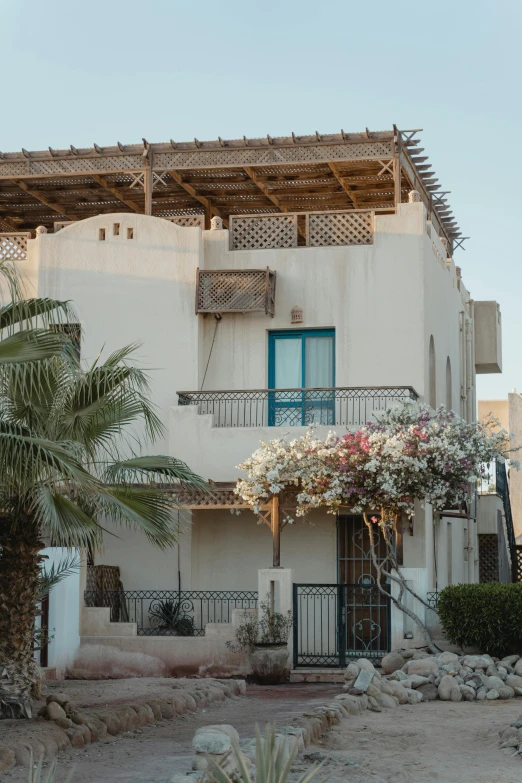 a building with a palm tree in front of it, greek ameera al taweel, cozy setting, sunfaded, terraces