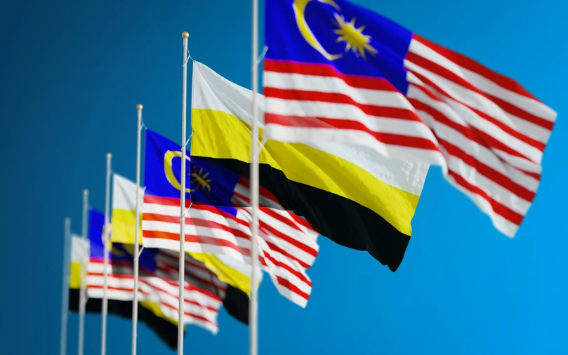 a bunch of flags that are flying in the air, by Bernardino Mei, pexels contest winner, hurufiyya, malaysian, yellow and blue and cyan, square, commercial banner