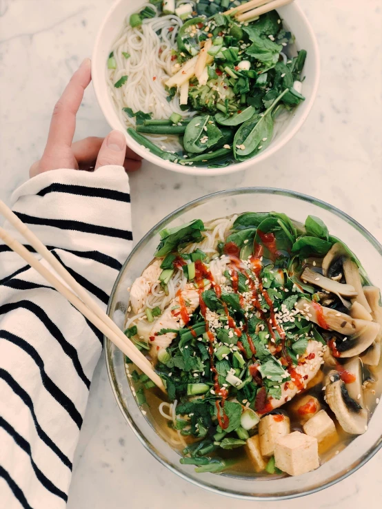 a person holding chopsticks over a bowl of food, bowl filled with food, lush greens, trending on vsco, thumbnail