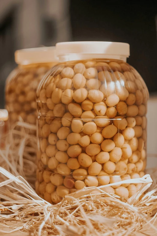 a couple of jars of food sitting on top of a table, pexels, peanuts, made of dots, natural soft rim light, 8 l