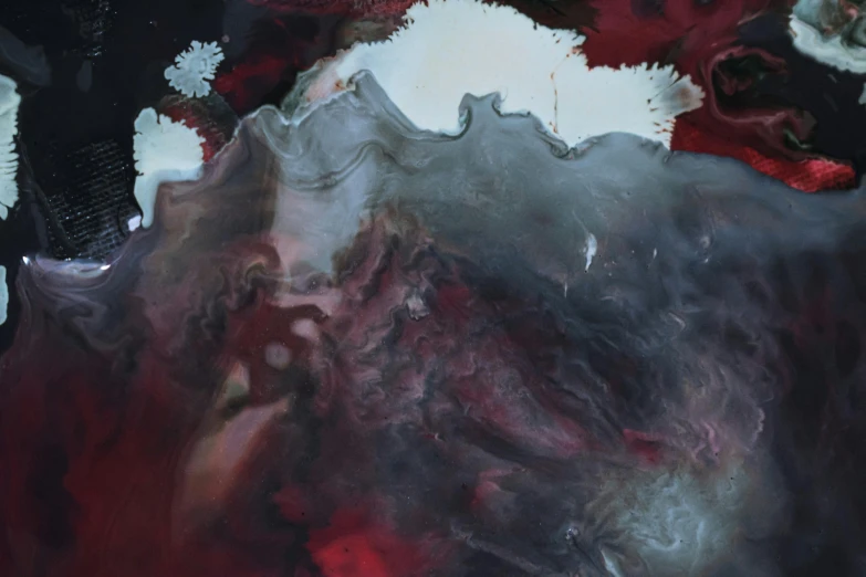 a painting of a woman covered in blood, an abstract painting, inspired by Ross Bleckner, unsplash, space clouds, made of liquid metal and marble, ignant, tundra