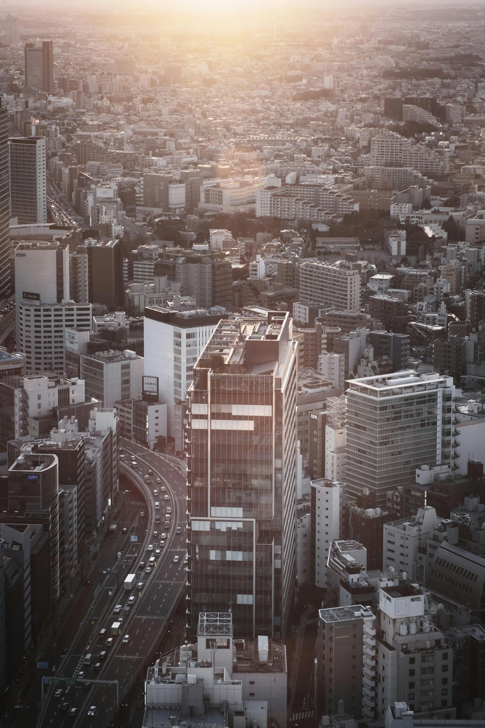 an aerial view of a city at sunset, unsplash contest winner, modernism, vintage footage on tokyo streets, single building, monochrome, afternoon light