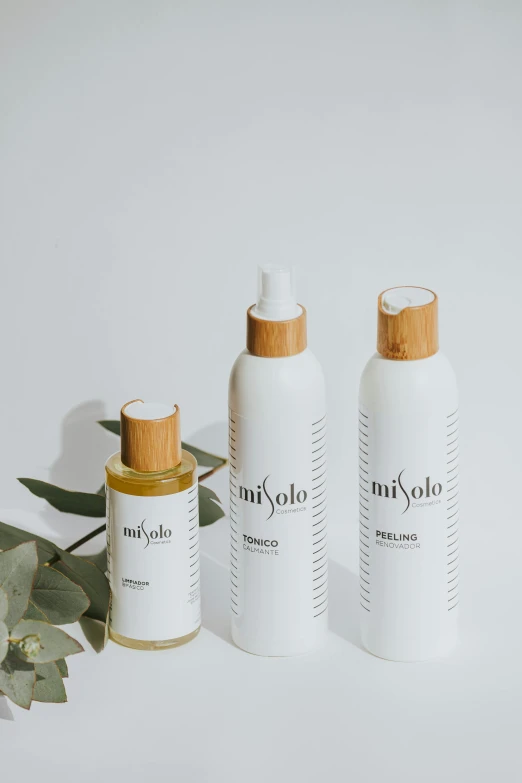 three bottles of body lotion with eucalyptus leaves on a white background, by Miyamoto, trending on pexels, made of bamboo, annato finnstark, product view, ominious