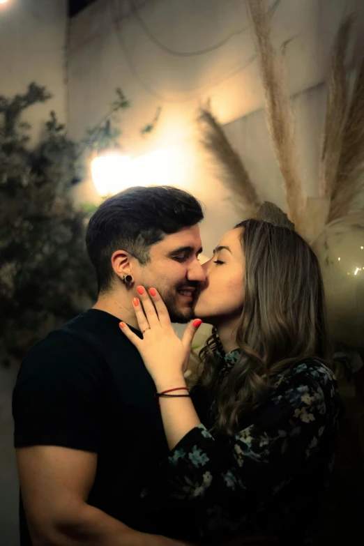 a man and a woman standing next to each other, a picture, pexels contest winner, romanticism, portrait of two girls kissing, hyper realistic background, lights, russian girlfriend