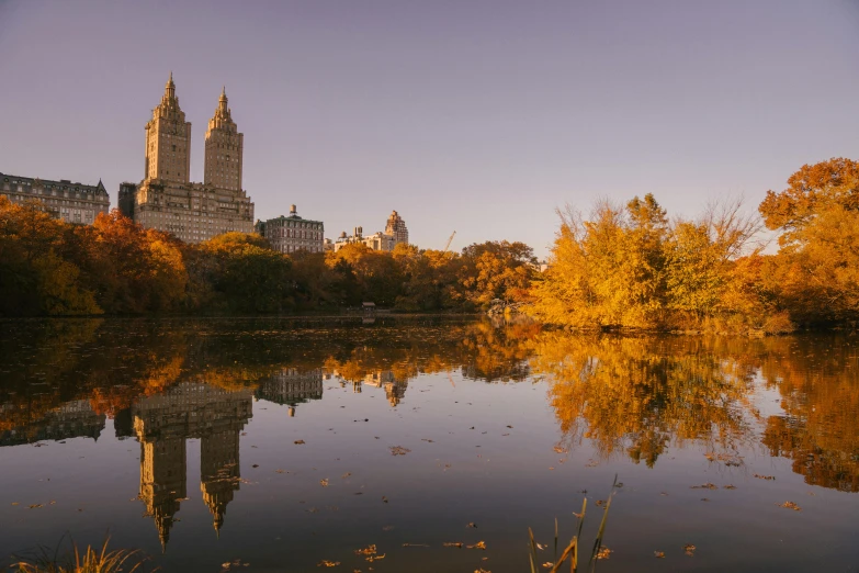 a large body of water surrounded by trees, by William Berra, unsplash contest winner, art nouveau, three towers, golden hour in manhattan, autumnal colours, mirror lake