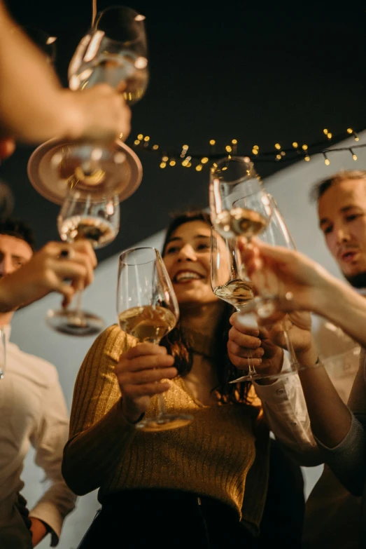 a group of people toasting with wine glasses, lights, she holds a glass of wine, promotional image, thumbnail