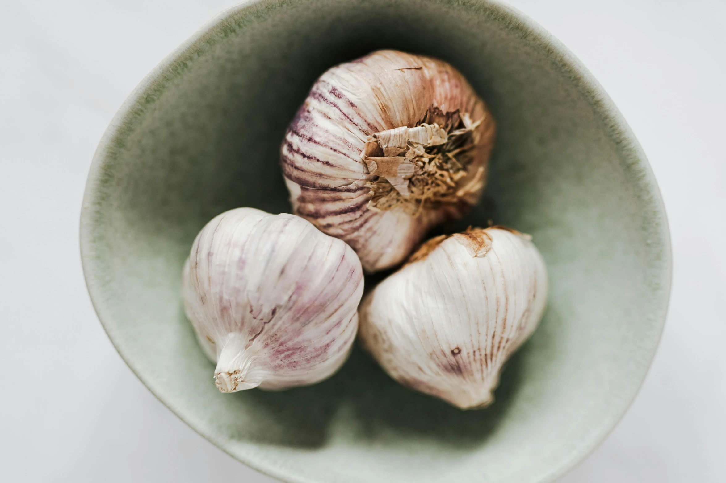 three bulbs of garlic in a green bowl, trending on unsplash, silver haired, 🦩🪐🐞👩🏻🦳, on a pale background, bowl filled with food