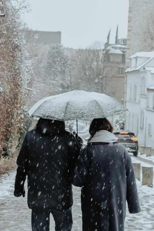 two people walking in the snow with umbrellas, pexels contest winner, looking from behind, kreuzberg, promo image, college