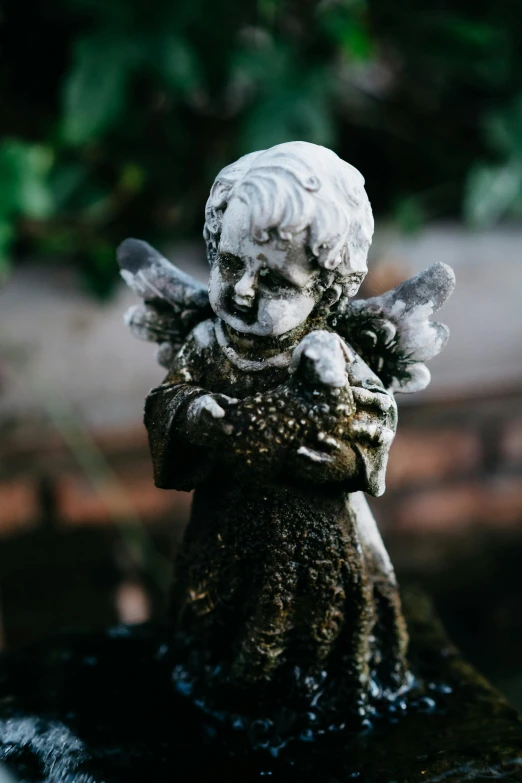a statue of an angel in a fountain, pexels contest winner, closeup of an adorable, moldy, paul barson, petite