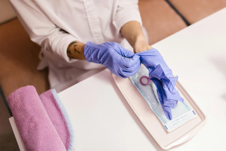 a woman in a white shirt and purple gloves, plasticien, clinical, plating, thumbnail, thick lining