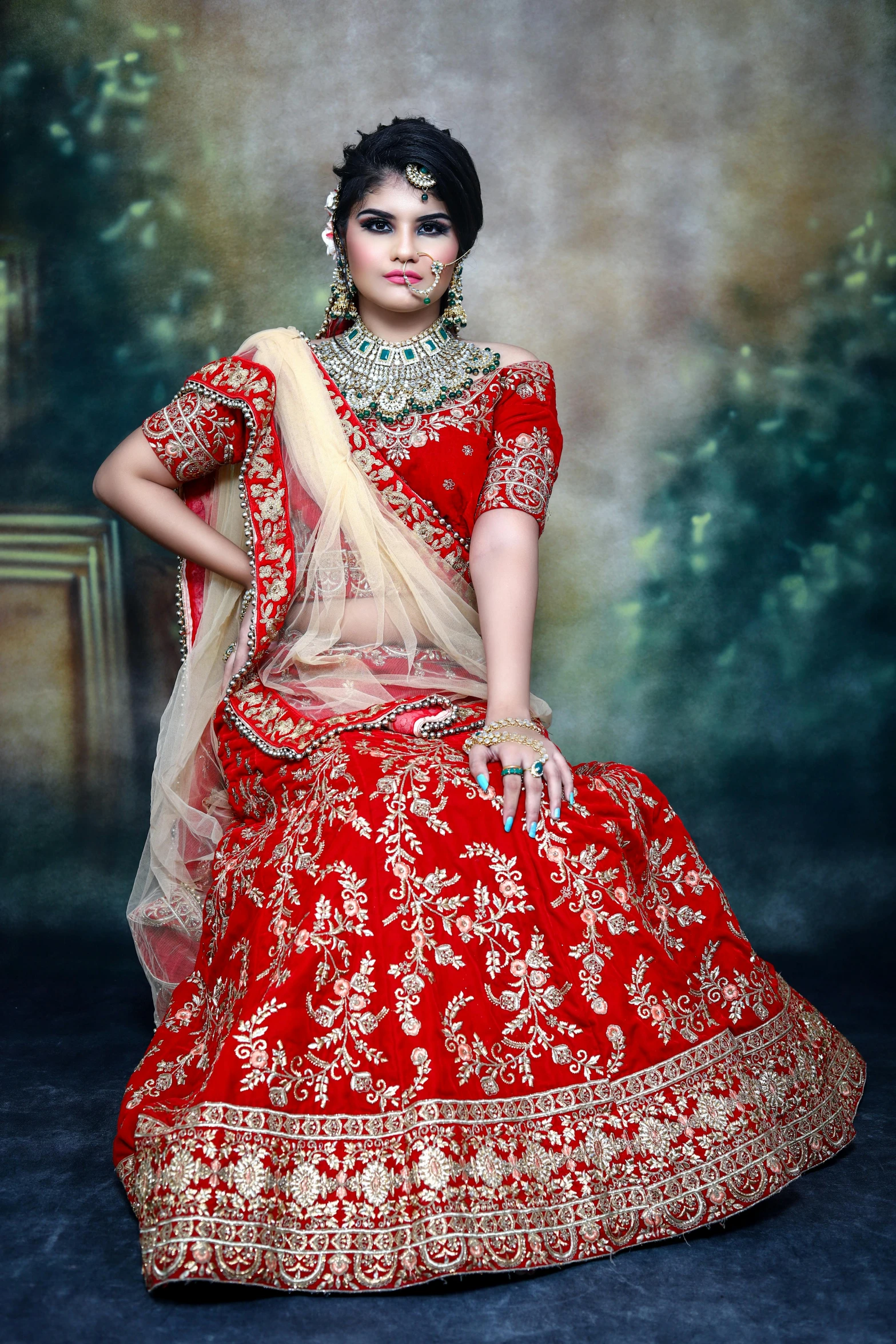 a woman in a red and gold lehenga, a portrait, pixabay, 15081959 21121991 01012000 4k, full body photgraph, silver, square