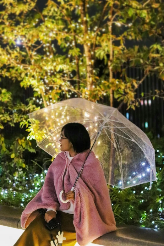 a woman sitting on a bench holding an umbrella, inspired by Bruce Munro, unsplash, fairy lights, in tokio, wearing translucent sheet, with a tree in the background